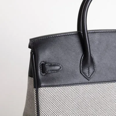 BIRKIN 25 ECRU TOILE SWIFT LEATHER NOIR (BLACK) WITH PALLADIUM HARDWARE (PHW) - 3