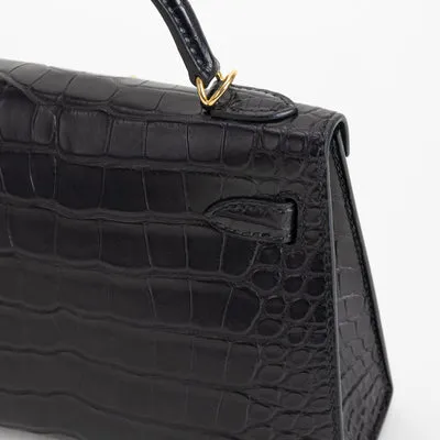 MINI KELLY II (20) MATTE MISSISSIPPIENSIS ALLIGATOR LEATHER NOIR (BLACK) WITH GOLD HARDWARE (GHW) - 5