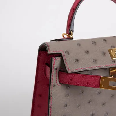 MINI KELLY II (20) OSTRICH LEATHER HORSESHOE STAMP (HSS) BI-COLOR GRIS ASPHALTE & ROSE TYRIEN WITH GOLD HARDWARE (GHW) - 5