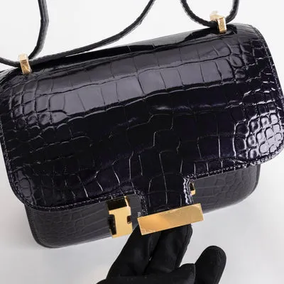 CONSTANCE 18 (MINI) SHINY MISSISSIPPIENSIS ALLIGATOR LEATHER NOIR (BLACK) WITH GOLD HARDWARE (GHW) - 4