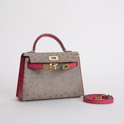 MINI KELLY II (20) OSTRICH LEATHER HORSESHOE STAMP (HSS) BI-COLOR GRIS ASPHALTE & ROSE TYRIEN WITH GOLD HARDWARE (GHW) - 4