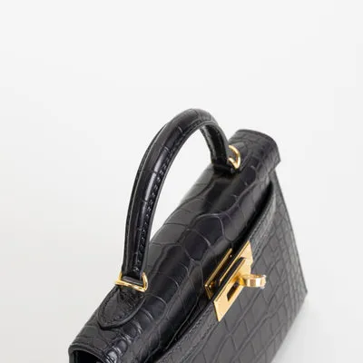 MINI KELLY II (20) MATTE MISSISSIPPIENSIS ALLIGATOR LEATHER NOIR (BLACK) WITH GOLD HARDWARE (GHW) - 3