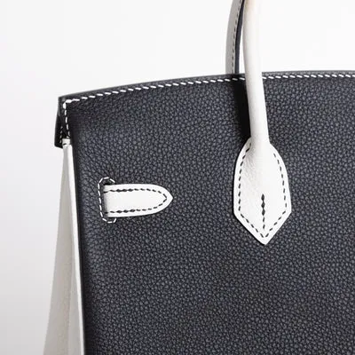 BIRKIN 25 TOGO LEATHER HORSESHOE STAMP (HSS) BI-COLOR NOIR (BLACK) & WHITE WITH GOLD HARDWARE (GHW) - 4