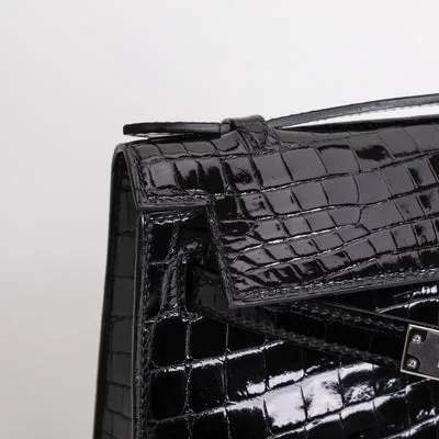 KELLY POCHETTE SHINY (LISSE) NILOTICUS CROCODILE LEATHER NOIR (BLACK) WITH PALLADIUM HARDWARE (PHW) - 4