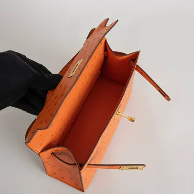 KELLY POCHETTE OSTRICH LEATHER ORANGE WITH GOLD HARDWARE (GHW) - 5