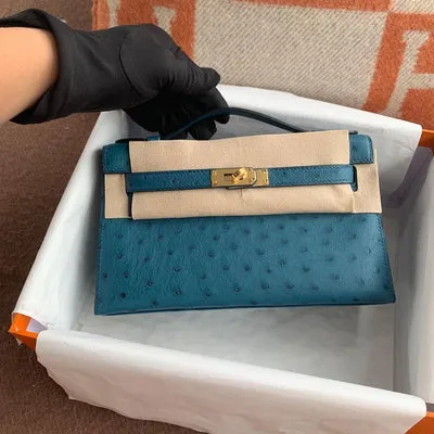 KELLY POCHETTE OSTRICH LEATHER BLEU JEAN WITH GOLD HARDWARE (GHW) - 1