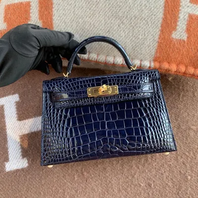MINI KELLY II (20) SHINY MISSISSIPPIENSIS ALLIGATOR LEATHER BLEU SAPHIR WITH GOLD HARDWARE (GHW) - 3