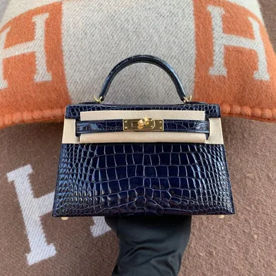 MINI KELLY II (20) SHINY MISSISSIPPIENSIS ALLIGATOR LEATHER BLEU SAPHIR WITH GOLD HARDWARE (GHW) - 1