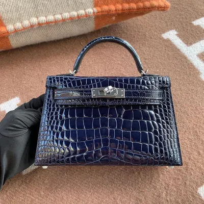 MINI KELLY II (20) SHINY MISSISSIPPIENSIS ALLIGATOR LEATHER BLEU SAPHIR WITH PALLADIUM HARDWARE (PHW) - 1