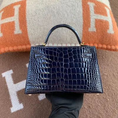 MINI KELLY II (20) SHINY MISSISSIPPIENSIS ALLIGATOR LEATHER BLEU SAPHIR WITH GOLD HARDWARE (GHW) - 2