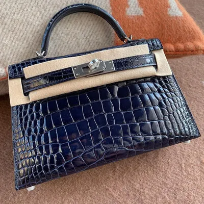 MINI KELLY II (20) SHINY MISSISSIPPIENSIS ALLIGATOR LEATHER BLEU SAPHIR WITH PALLADIUM HARDWARE (PHW) - 3