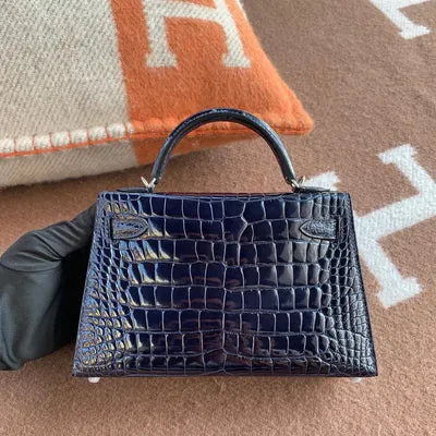 MINI KELLY II (20) SHINY MISSISSIPPIENSIS ALLIGATOR LEATHER BLEU SAPHIR WITH PALLADIUM HARDWARE (PHW) - 2