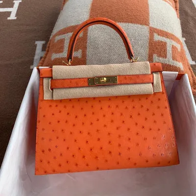 KELLY 28 OSTRICH LEATHER TANGERINE (ORANGE) WITH GOLD HARDWARE (GHW) - 1