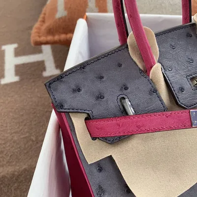 BIRKIN 25 OSTRICH LEATHER HORSESHOE STAMP (HSS) BI-COLOR GRIS AGATE & ROSE POURPRE GOLD HARDWARE (GHW) - 5