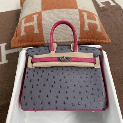 BIRKIN 25 OSTRICH LEATHER HORSESHOE STAMP (HSS) BI-COLOR GRIS AGATE & ROSE POURPRE GOLD HARDWARE (GHW) - 1