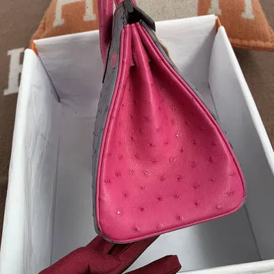 BIRKIN 25 OSTRICH LEATHER HORSESHOE STAMP (HSS) BI-COLOR GRIS AGATE & ROSE POURPRE GOLD HARDWARE (GHW) - 4