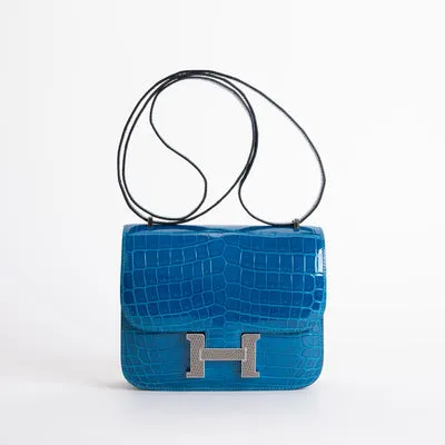 CONSTANCE 18 (MINI) SHINY (LISSE) NILOTICUS CROCODILE LEATHER BLEU IZMIR WITH PALLADIUM HARDWARE (PHW) LIZARD BUCKLE - 1