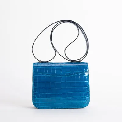 CONSTANCE 18 (MINI) SHINY (LISSE) NILOTICUS CROCODILE LEATHER BLEU IZMIR WITH PALLADIUM HARDWARE (PHW) LIZARD BUCKLE - 2