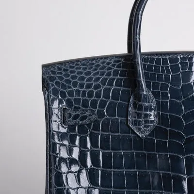 BIRKIN 25 SHINY NILOTICUS CROCODILE LEATHER BLEU TEMPETE WITH PALLADIUM HARDWARE (PHW) - 5