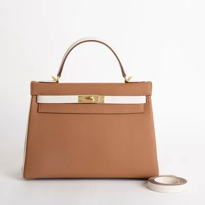 KELLY 32 TOGO LEATHER HORSESHOE STAMP (HSS) BI-COLOR GOLD & CRAIE WITH GOLD HARDWARE (GHW) - 1