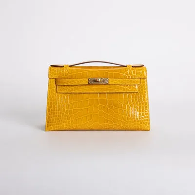 KELLY POCHETTE SHINY MISSISSIPPIENSIS ALLIGATOR LEATHER JAUNE AMBRE WITH GOLD HARDWARE (GHW) - 1