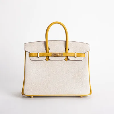 BIRKIN 25 TOGO LEATHER HORSESHOE STAMP (HSS) BI-COLOR CRAIE & JAUNE AMBRE WITH BRUSHED GOLD HARDWARE (BGHW) - 1