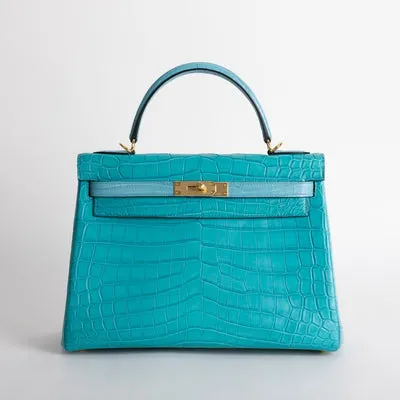 KELLY 32 MATTE NILOTICUS CROCODILE LEATHER HORSESHOE STAMP (HSS) BI-COLOR BLEU PAON & BLEU SAINT CYR WITH GOLD HARDWARE (GHW) - 1