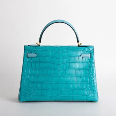 KELLY 32 MATTE NILOTICUS CROCODILE LEATHER HORSESHOE STAMP (HSS) BI-COLOR BLEU PAON & BLEU SAINT CYR WITH GOLD HARDWARE (GHW) - 3