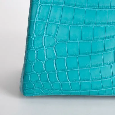 KELLY 32 MATTE NILOTICUS CROCODILE LEATHER HORSESHOE STAMP (HSS) BI-COLOR BLEU PAON & BLEU SAINT CYR WITH GOLD HARDWARE (GHW) - 5