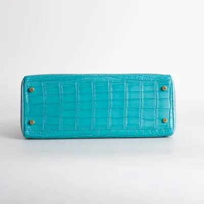 KELLY 32 MATTE NILOTICUS CROCODILE LEATHER HORSESHOE STAMP (HSS) BI-COLOR BLEU PAON & BLEU SAINT CYR WITH GOLD HARDWARE (GHW) - 6