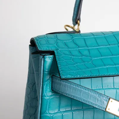 KELLY 32 MATTE NILOTICUS CROCODILE LEATHER HORSESHOE STAMP (HSS) BI-COLOR BLEU PAON & BLEU SAINT CYR WITH GOLD HARDWARE (GHW) - 4