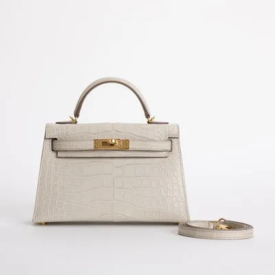 MINI KELLY II (20) MATTE MISSISSIPPIENSIS ALLIGATOR LEATHER BETON WITH GOLD HARDWARE (GHW) - 1