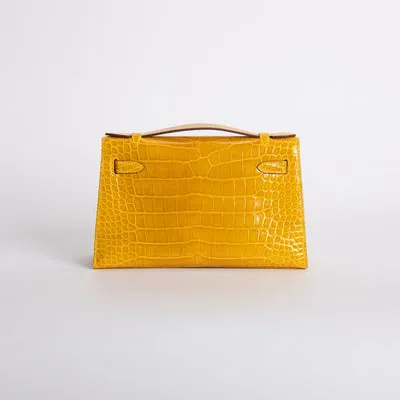 KELLY POCHETTE SHINY MISSISSIPPIENSIS ALLIGATOR LEATHER JAUNE AMBRE WITH GOLD HARDWARE (GHW) - 2