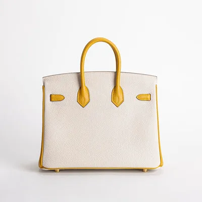 BIRKIN 25 TOGO LEATHER HORSESHOE STAMP (HSS) BI-COLOR CRAIE & JAUNE AMBRE WITH BRUSHED GOLD HARDWARE (BGHW) - 2