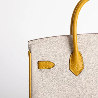BIRKIN 25 TOGO LEATHER HORSESHOE STAMP (HSS) BI-COLOR CRAIE & JAUNE AMBRE WITH BRUSHED GOLD HARDWARE (BGHW) - 5