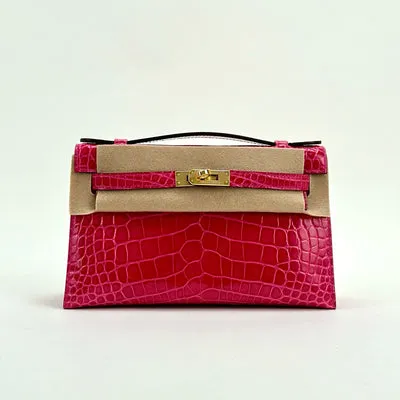 KELLY POCHETTE SHINY MISSISSIPPIENSIS ALLIGATOR LEATHER ROSE EXTREME WITH GOLD HARDWARE (GHW) - 1