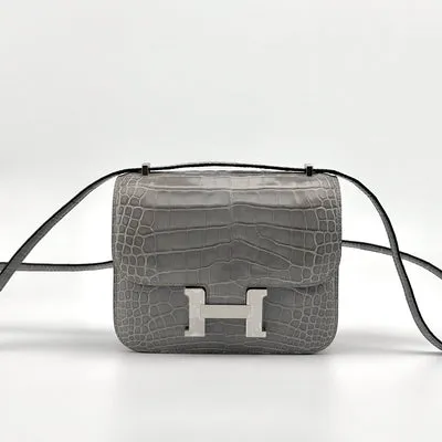 CONSTANCE 18 (MINI) SHINY MISSISSIPPIENSIS ALLIGATOR LEATHER GRIS TOURTERELLE WITH PALLADIUM HARDWARE (PHW) - 1