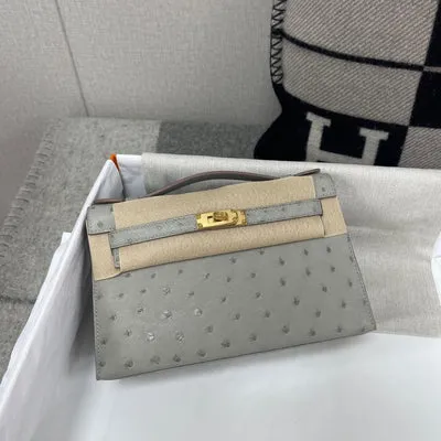 KELLY POCHETTE OSTRICH LEATHER GRIS PERLE WITH GOLD HARDWARE (GHW) - 1