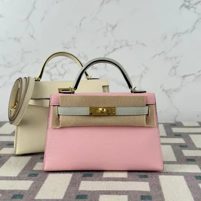 MINI KELLY II (20) CHEVRE LEATHER HORSESHOE STAMP (HSS) BI-COLOR ROSE SAKURA & GRIS PERLE WITH GOLD HARDWARE (GHW) - 1