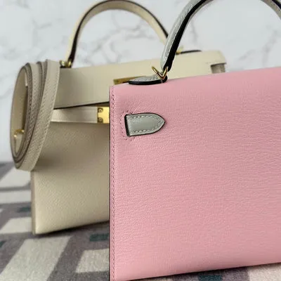 MINI KELLY II (20) CHEVRE LEATHER HORSESHOE STAMP (HSS) BI-COLOR ROSE SAKURA & GRIS PERLE WITH GOLD HARDWARE (GHW) - 5