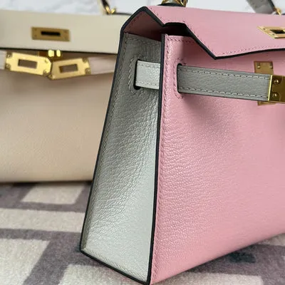 MINI KELLY II (20) CHEVRE LEATHER HORSESHOE STAMP (HSS) BI-COLOR ROSE SAKURA & GRIS PERLE WITH GOLD HARDWARE (GHW) - 4