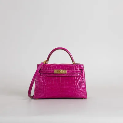 MINI KELLY II (20) SHINY (LISSE) MISSISSIPPIENSIS ALLIGATOR LEATHER ROSE SCHEHERAZADE WITH GOLD HARDWARE (GHW) - 1