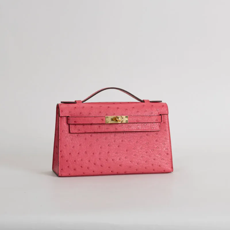 KELLY POCHETTE OSTRICH LEATHER ROSE TYRIEN WITH GOLD HARDWARE (GHW) - 2