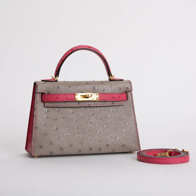 MINI KELLY II (20) OSTRICH LEATHER HORSESHOE STAMP (HSS) BI-COLOR GRIS ASPHALTE & ROSE TYRIEN WITH GOLD HARDWARE (GHW) - 2