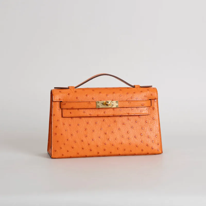KELLY POCHETTE OSTRICH LEATHER ORANGE WITH GOLD HARDWARE (GHW) - 2