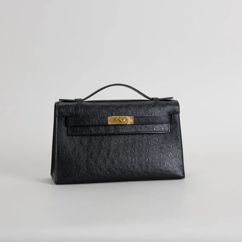 KELLY POCHETTE OSTRICH LEATHER NOIR (BLACK) WITH GOLD HARDWARE (GHW) - 2