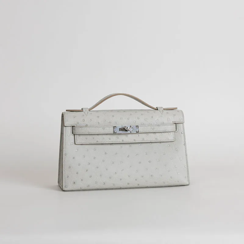 KELLY POCHETTE OSTRICH LEATHER GRIS PERLE WITH PALLADIUM HARDWARE (PHW) - 2