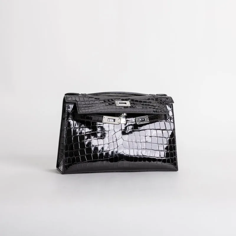 KELLY POCHETTE SHINY (LISSE) NILOTICUS CROCODILE LEATHER NOIR (BLACK) WITH PALLADIUM HARDWARE (PHW) - 3