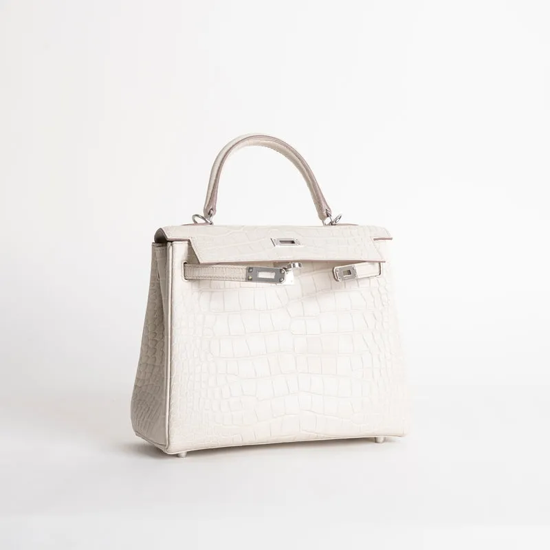 KELLY 25 MATTE MISSISSIPPIENSIS ALLIGATOR LEATHER BETON WITH PALLADIUM HARDWARE (PHW) - 2