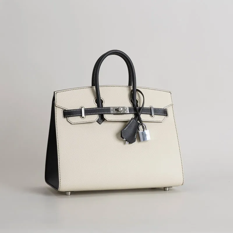BIRKIN 25 EPSOM LEATHER (SELLIER SHAPE) HORSESHOE STAMP (HSS) BI-COLOR NATA & NOIR (BLACK) WITH PALLADIUM HARDWARE (PHW) - 2